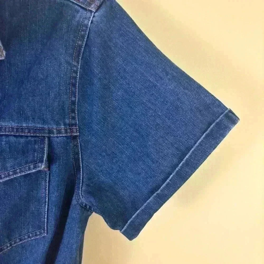 Le Lis Denim “70’s” Retro Collared Button Down Fitted Raw Hem Jean Dress Size M - Picture 6 of 16